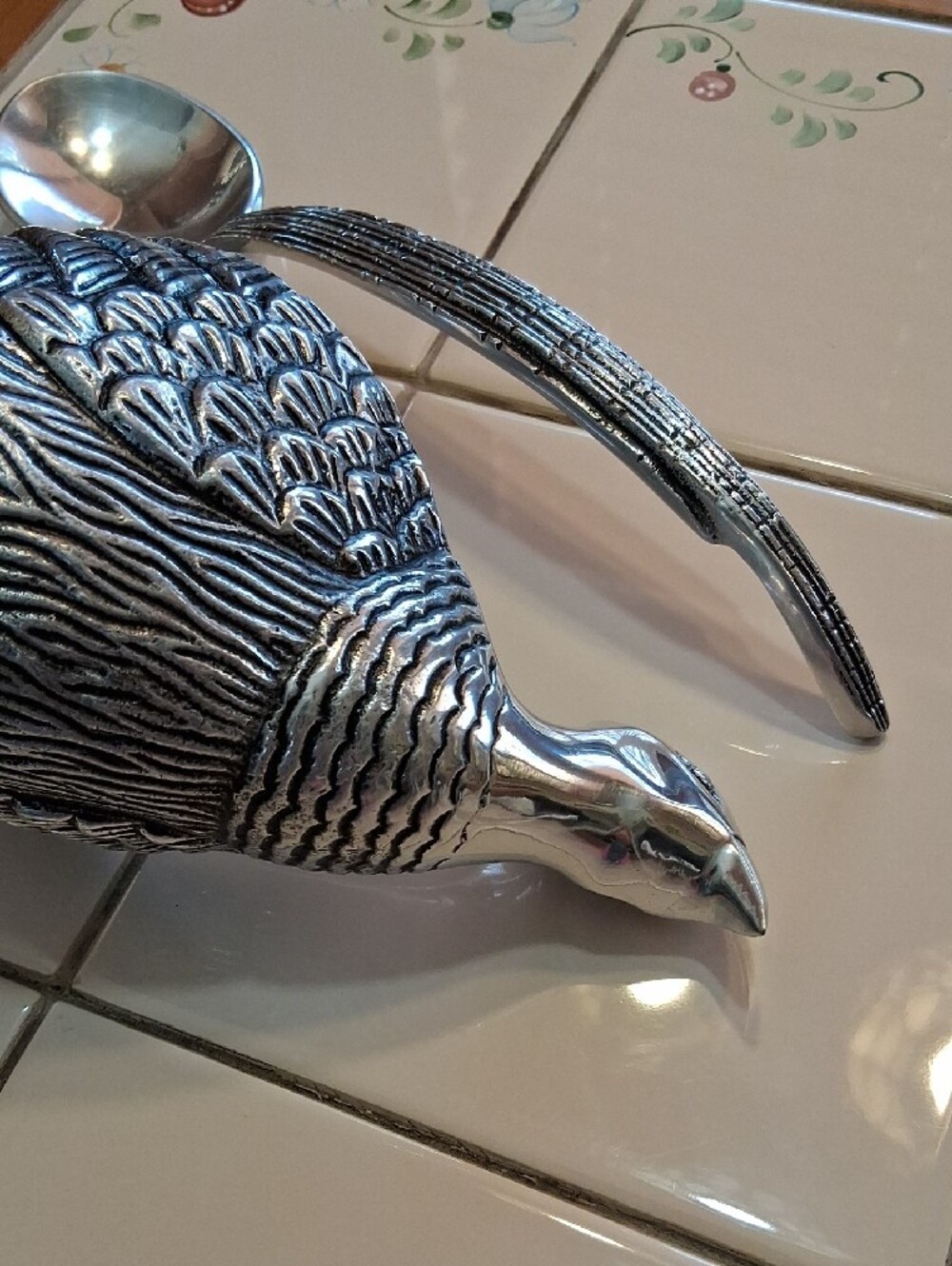 RARE FIND Pottery Barn Silvertone Pewter Pheasant Sauce Bowl With Tail Ladle. - Picture 13 of 16
